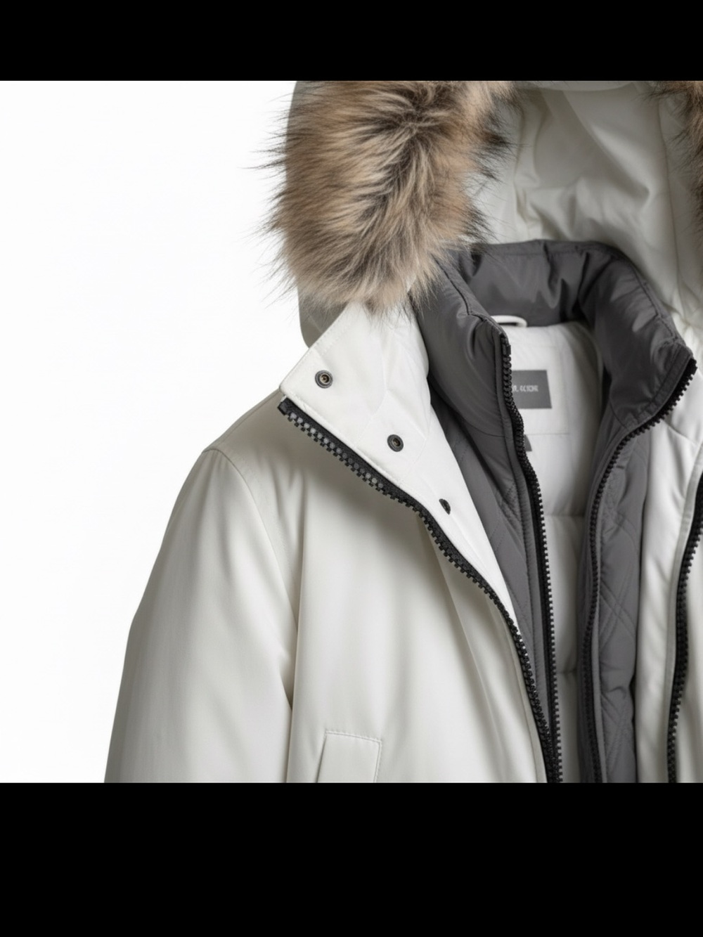 Michael Kors White Puffer Coat with Gray Liner and Faux Fur Trim